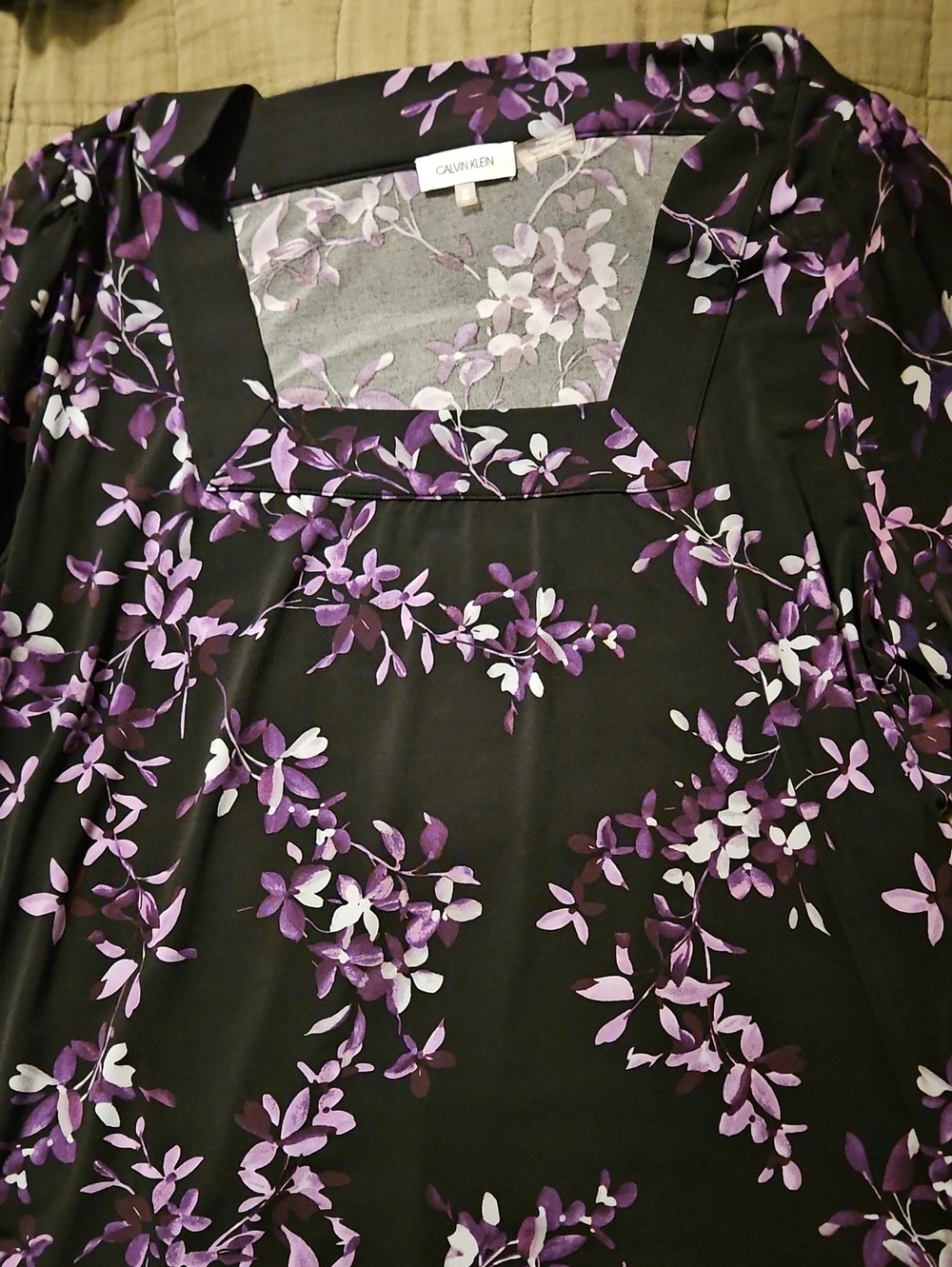 Calvin Klein Black Top with Purple Floral Print - Square Neck